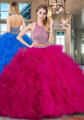 Perfect Ruffled and Beaded Fuchsia Quinceanera Dress with Brush Train