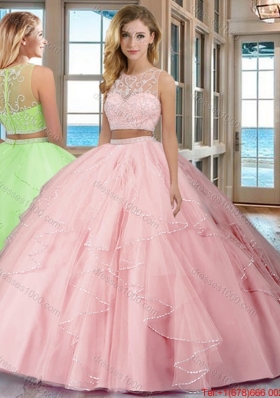 See Through Puffy Scoop Tulle Two Piece Quinceanera Dresses with Beading and Ruffles