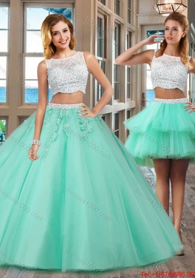 Elegant Puffy Bateau Brush Train Beading and Appliques Detachable Quinceanera Dresses in Apple Green