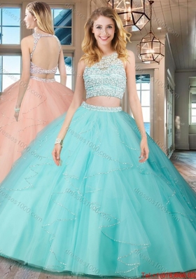 Discount Two Piece See Through Scoop Open Back Aquamarine Quinceanera Dress