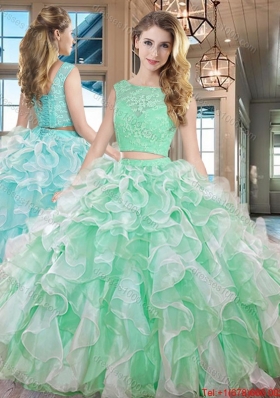 Discount Two Piece Square Ruffled Organza Quinceanera Dress in Apple Green