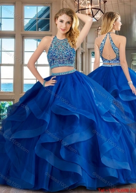 Pretty Beaded and Ruffled Brush Train Quinceanera Dress in Royal Blue