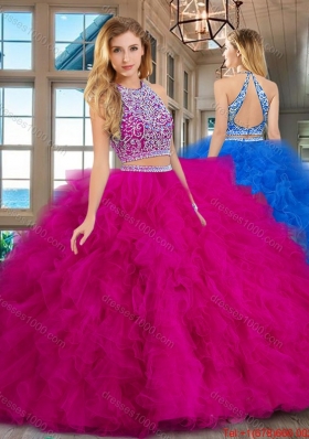 Exclusive Two Piece Ruffled Beaded Bodice Tulle Quinceanera Dress in Fuchsia