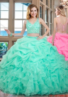Luxurious Puffy V Neck Two Piece Mint Quinceanera Dresses with Beading and Bubbles