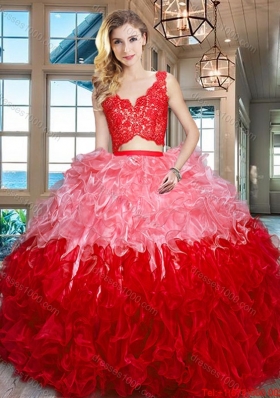 Modest Ruffled Zipper Up Organza Quinceanera Dress in Two Tone