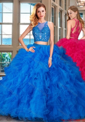Popular Two Piece See Through Scoop Ruffled and Applique Quinceanera Dress