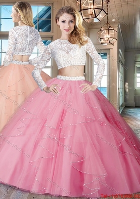 Simple See Through Scoop Zipper Up Quinceanera Dress in Rose Pink