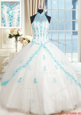 Cheap Visible Boning Halter Top Quinceanera Dress with Appliques and Beading