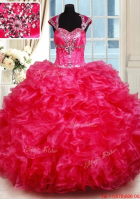 Luxurious Open Back Ruffled and Beaded Hot Pink Quinceanera Dress with Cap Sleeves