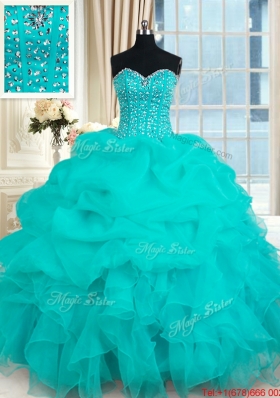 Elegant Visible Boning Beaded Bodice and Ruffled Turquoise Organza Quinceanera Gown
