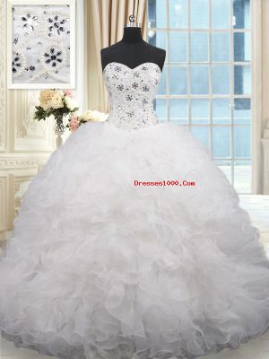Nice White Ball Gowns Organza Sweetheart Sleeveless Beading and Ruffles Lace Up Quinceanera Dresses Brush Train