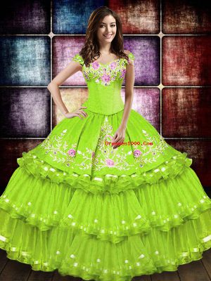 Embroidery and Ruffled Layers Sweet 16 Dress Yellow Green Lace Up Sleeveless Floor Length