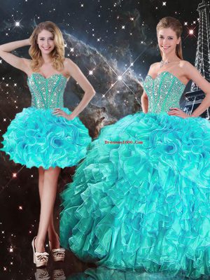 Fashionable Aqua Blue Ball Gowns Beading and Ruffles 15th Birthday Dress Lace Up Organza Sleeveless Floor Length