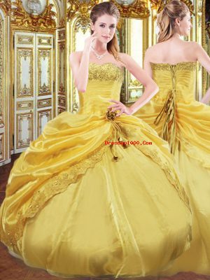 Lovely Gold Ball Gowns Strapless Sleeveless Taffeta Floor Length Lace Up Beading and Pick Ups 15 Quinceanera Dress