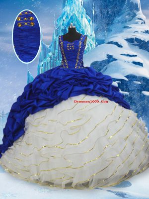 Hot Selling Blue And White Straps Lace Up Ruffled Layers and Pick Ups Ball Gown Prom Dress Brush Train Sleeveless