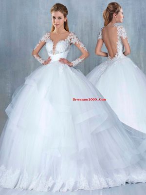 White Long Sleeves Court Train Lace and Appliques and Ruffles Wedding Gown
