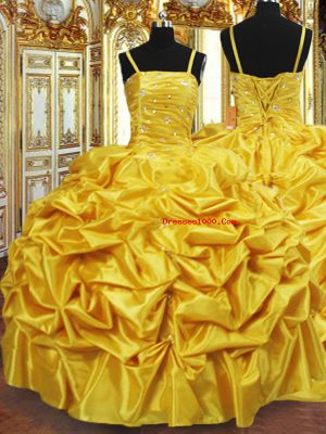 Gold Lace Up Spaghetti Straps Beading and Pick Ups Quinceanera Dresses Taffeta Sleeveless