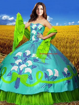 Sleeveless Floor Length Embroidery Lace Up Quince Ball Gowns with Multi-color