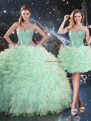 Floor Length Apple Green Quinceanera Gown Organza Sleeveless Beading and Ruffles
