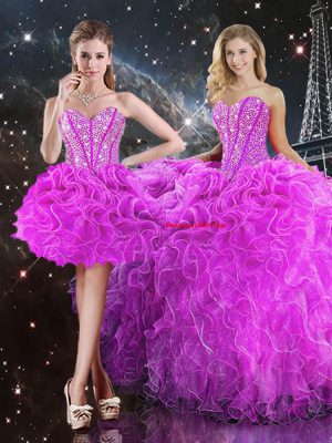 Fuchsia Sleeveless Beading and Ruffles Floor Length Quinceanera Dress