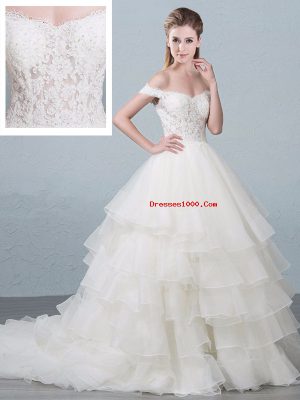 Elegant White Ball Gowns Organza Off The Shoulder Sleeveless Lace and Ruffled Layers Lace Up Bridal Gown Brush Train