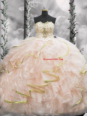 Beautiful Peach Lace Up Sweetheart Beading and Ruffles Vestidos de Quinceanera Organza Sleeveless Brush Train
