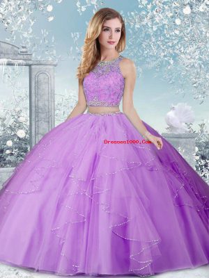 Suitable Lavender Scoop Neckline Beading Quinceanera Dress Sleeveless Clasp Handle