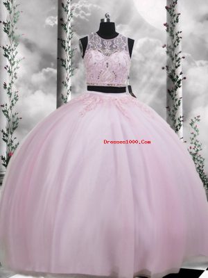 Spectacular Floor Length Baby Pink Quinceanera Gown Scoop Sleeveless Zipper