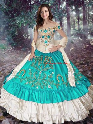 Sleeveless Elastic Woven Satin Floor Length Lace Up Quince Ball Gowns in Blue And White with Embroidery and Ruffled Layers