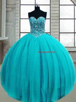 Extravagant Ball Gowns Ball Gown Prom Dress Aqua Blue Sweetheart Tulle Sleeveless Floor Length Lace Up
