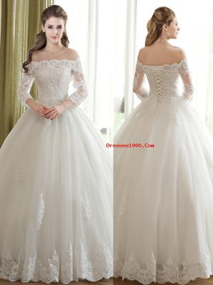 White Lace Up Off The Shoulder Lace and Appliques Wedding Dress Tulle 3 4 Length Sleeve