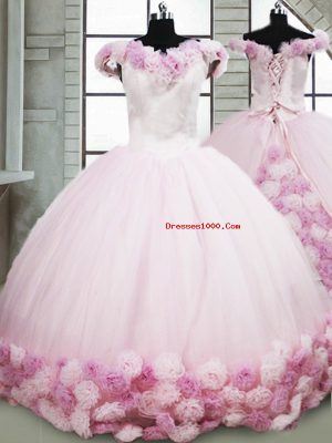 Excellent Pink Off The Shoulder Neckline Hand Made Flower Sweet 16 Dress Sleeveless Lace Up