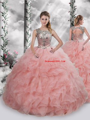 Sleeveless Lace Up Floor Length Beading and Ruffles Ball Gown Prom Dress