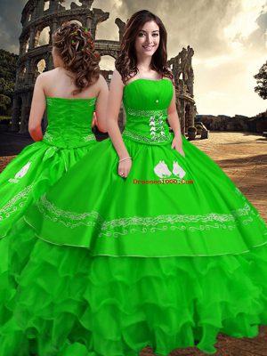 Traditional Green Strapless Zipper Embroidery and Ruffled Layers Quinceanera Dress Sleeveless