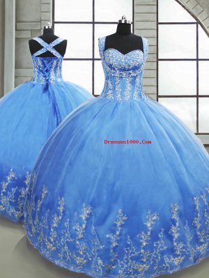 Stunning Baby Blue Lace Up Sweet 16 Quinceanera Dress Beading and Appliques Sleeveless Floor Length