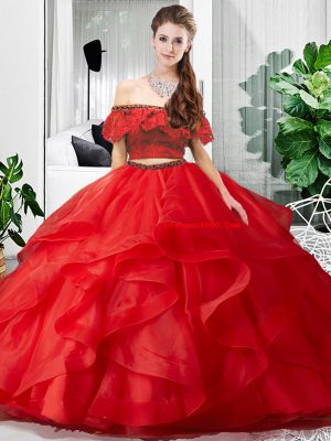 Red Sleeveless Floor Length Lace and Ruffles Lace Up Quinceanera Dresses