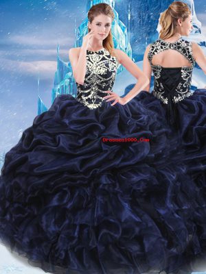 Navy Blue Lace Up High-neck Appliques and Ruffles and Pick Ups Sweet 16 Dress Taffeta Sleeveless