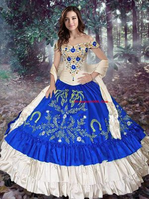 Off The Shoulder Sleeveless Ball Gown Prom Dress Floor Length Embroidery and Ruffled Layers Royal Blue Taffeta