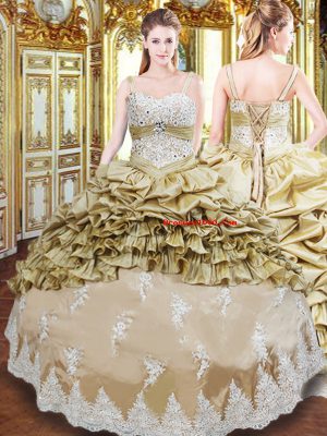 Shining Champagne Straps Neckline Beading and Appliques and Ruffled Layers and Pick Ups Sweet 16 Dresses Sleeveless Lace Up