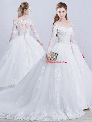 White Ball Gowns Lace and Appliques Wedding Dresses Zipper Tulle Long Sleeves