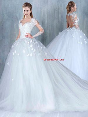 Low Price White A-line Lace Wedding Dress Backless Tulle Long Sleeves