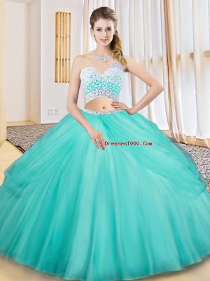 Smart Aqua Blue Sleeveless Floor Length Beading and Ruching and Pick Ups Criss Cross Quinceanera Gown
