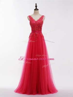 Nice Tulle V-neck Sleeveless Backless Lace and Appliques Prom Dresses in Coral Red