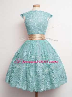Aqua Blue Cap Sleeves Lace Lace Up Quinceanera Court Dresses for Prom and Party and Wedding Party