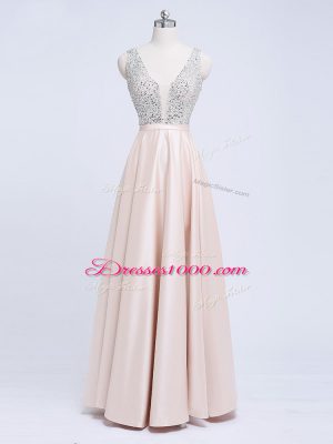 Edgy Elastic Woven Satin V-neck Sleeveless Backless Beading and Belt Formal Dresses in Champagne