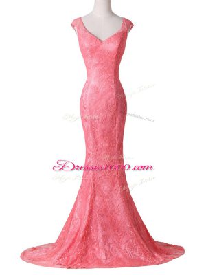 Dazzling Watermelon Red Cap Sleeves Brush Train Lace Homecoming Dress