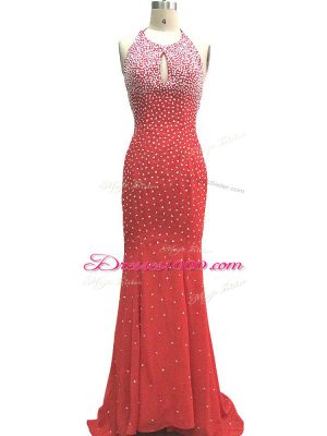 Sleeveless Beading Criss Cross Evening Dress with Red Brush Train