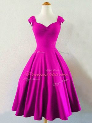 Classical Sleeveless Knee Length Ruching Lace Up Quinceanera Dama Dress with Fuchsia