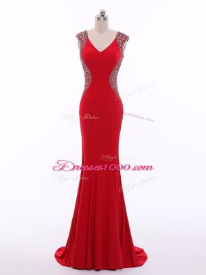 Traditional Red Zipper Evening Party Dresses Beading Sleeveless Brush Train