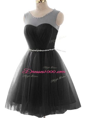 Amazing Black Sleeveless Mini Length Beading and Ruching Lace Up Dress for Prom